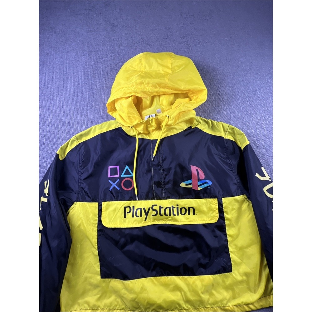 PlayStation 1/4 Zip Windbreaker Cropped Hooded Black & Yellow Women's SZ XL - Picture 2 of 9